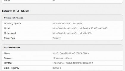 微星新款尊爵 Prestige 13跑分曝光，搭载英特尔酷睿Ultra 9 288V