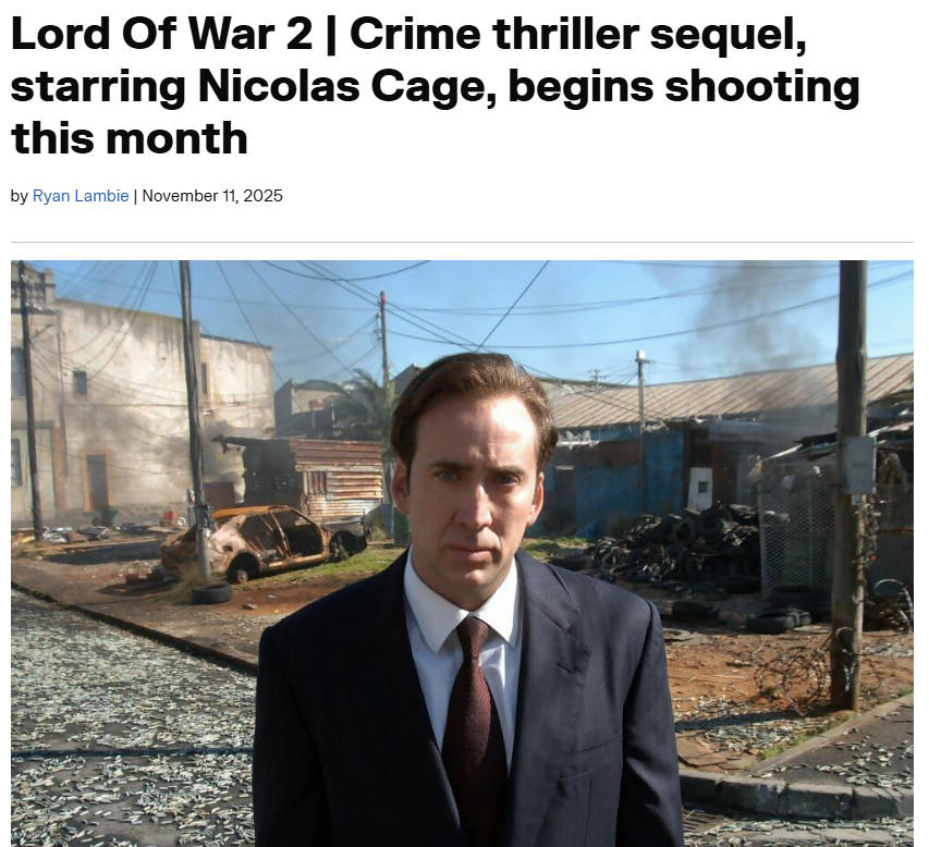 电影《战争之王2》本月开拍 尼古拉斯·凯奇回归饰演军火商尤里·奥洛夫